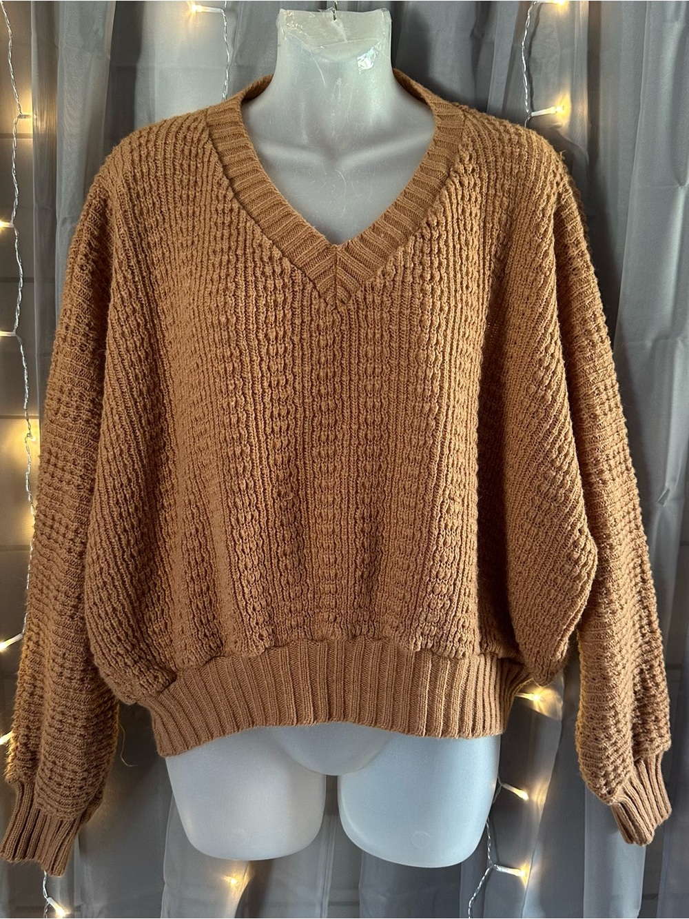 Women’s brown oversized baggy knit v neck sweater Sz M/L